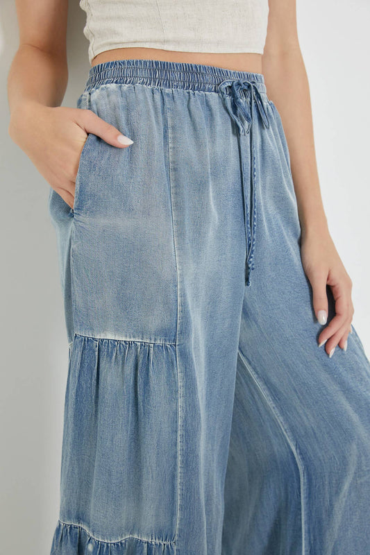 Ruffled Denim Wide Leg Pants