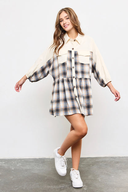 Button Detail Plaid Dress