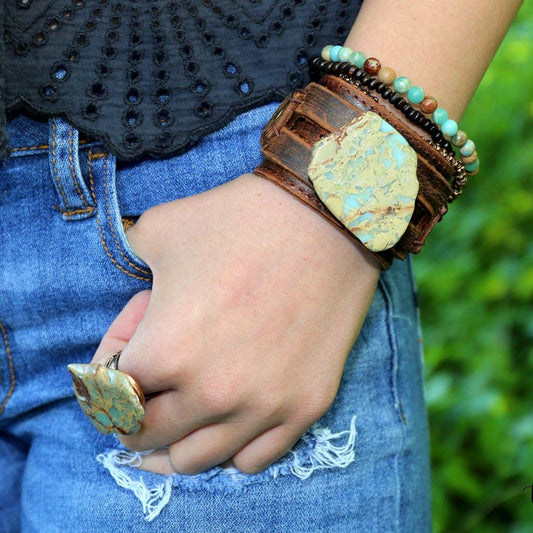 Aqua Terra on Dusty Leather Cuff Bracelet