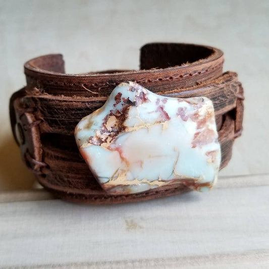 Aqua Terra on Dusty Leather Cuff Bracelet