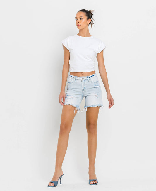 Mid Rise Distressed Stretch Shorts