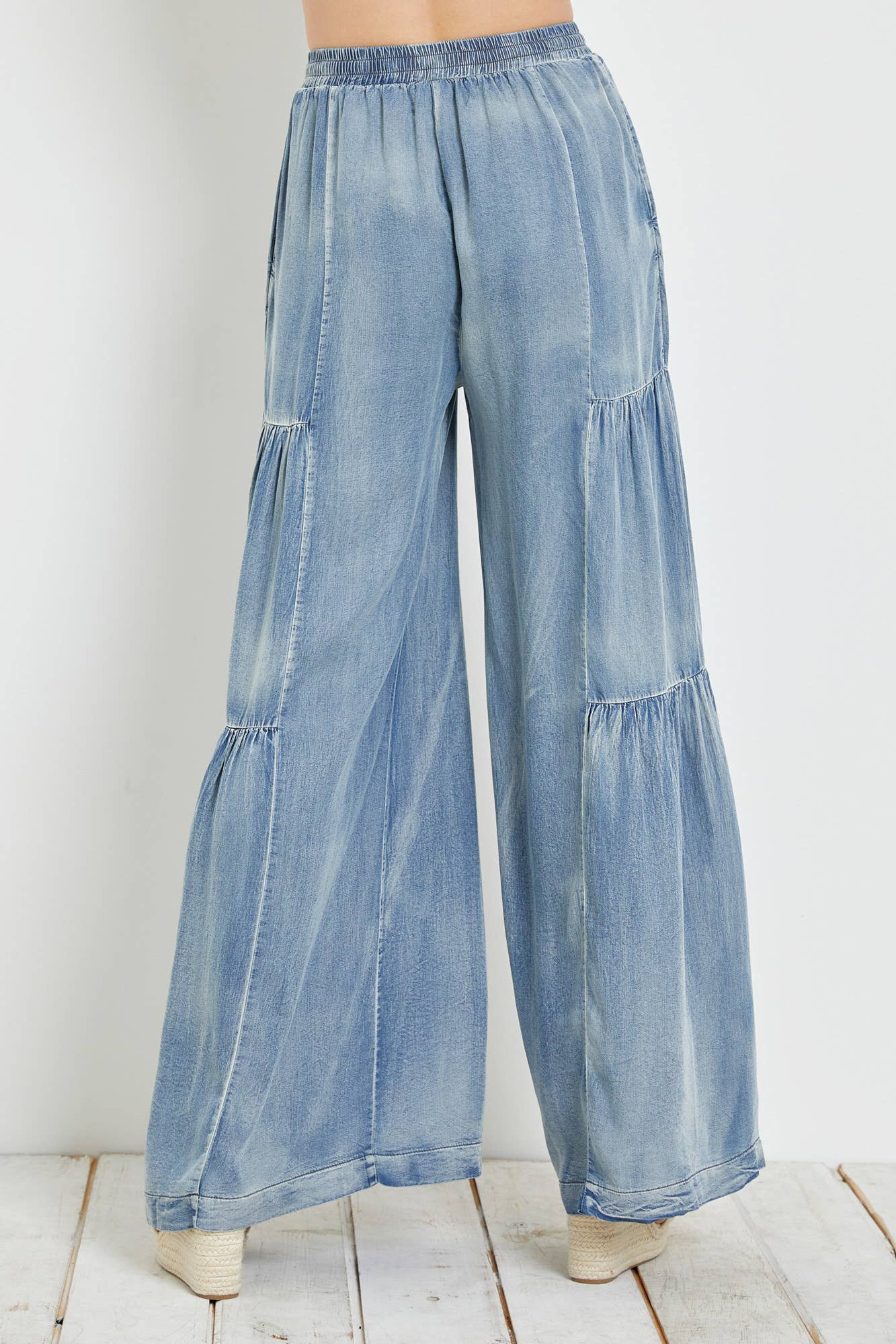 Ruffled Denim Wide Leg Pants