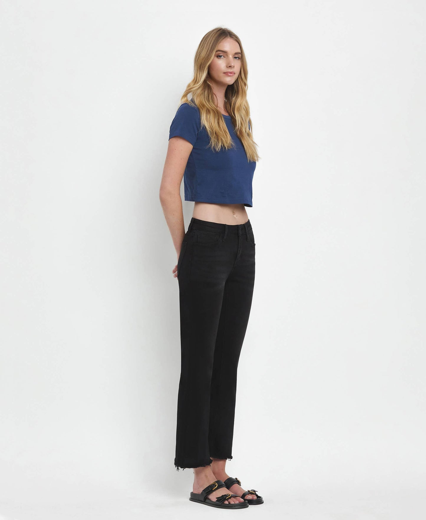 Mid Rise Raw Distressed Hem Crop Flare Jeans