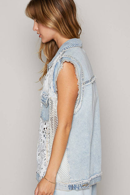 Oversized Crochet Lace Denim Vest