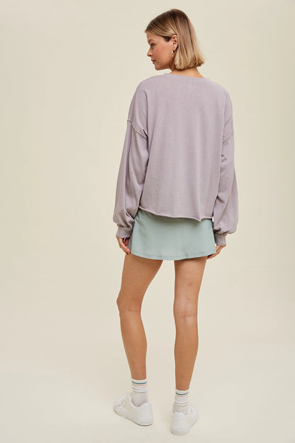 Slub Relaxed Crop Knit Top with Raw Edge Detail