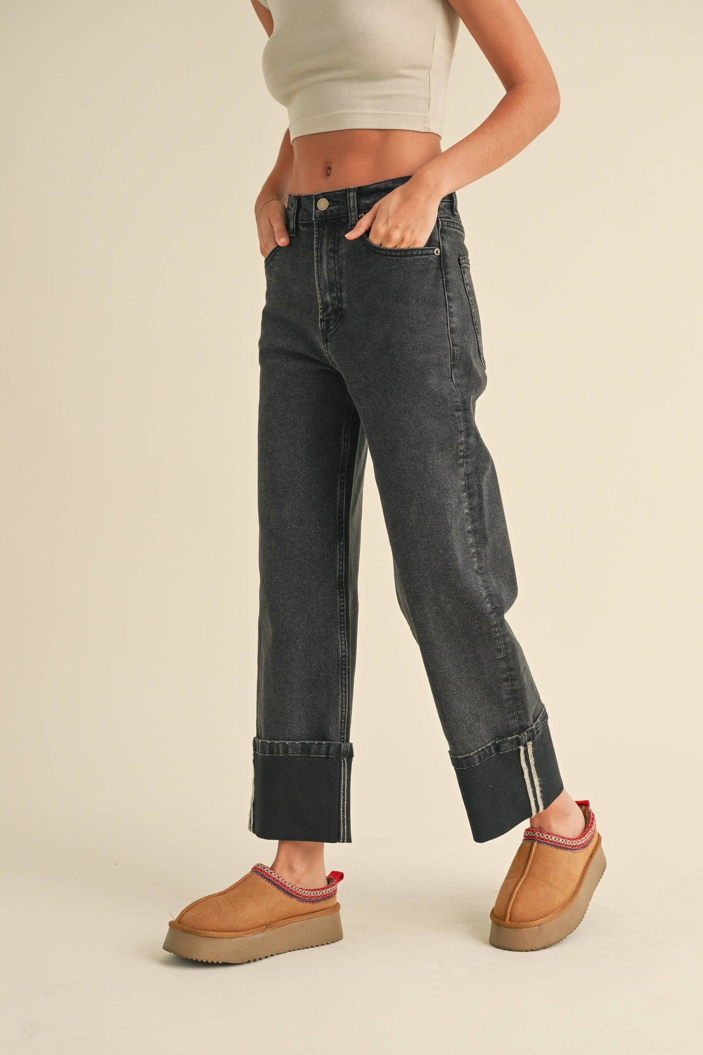 Cuffed Borrom Denim Pants