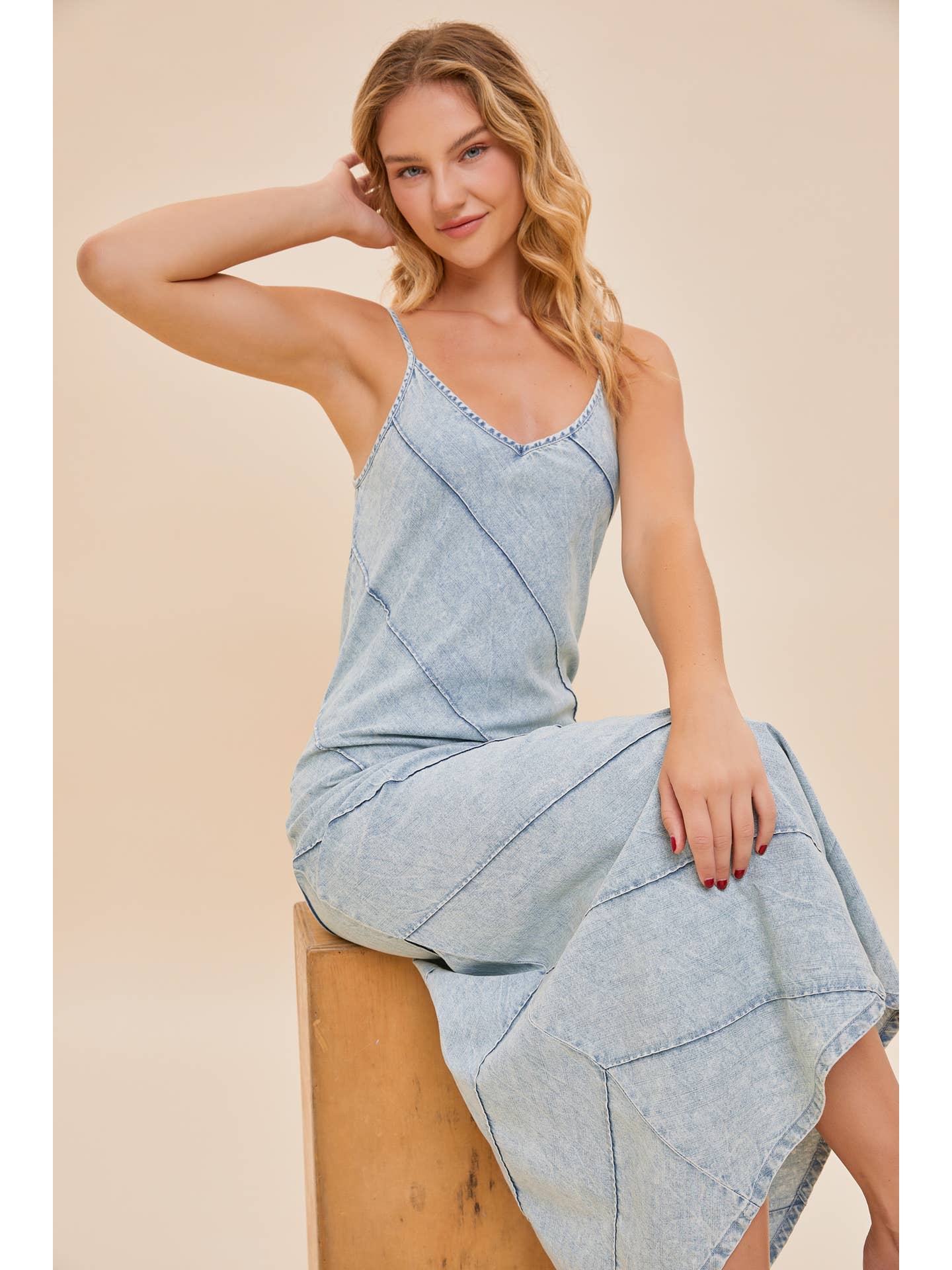 V-Neck Sleeveless Maxi Denim Dress