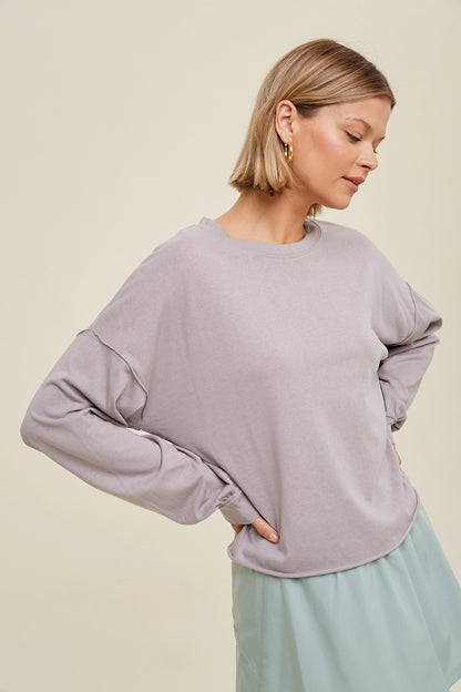 Slub Relaxed Crop Knit Top with Raw Edge Detail