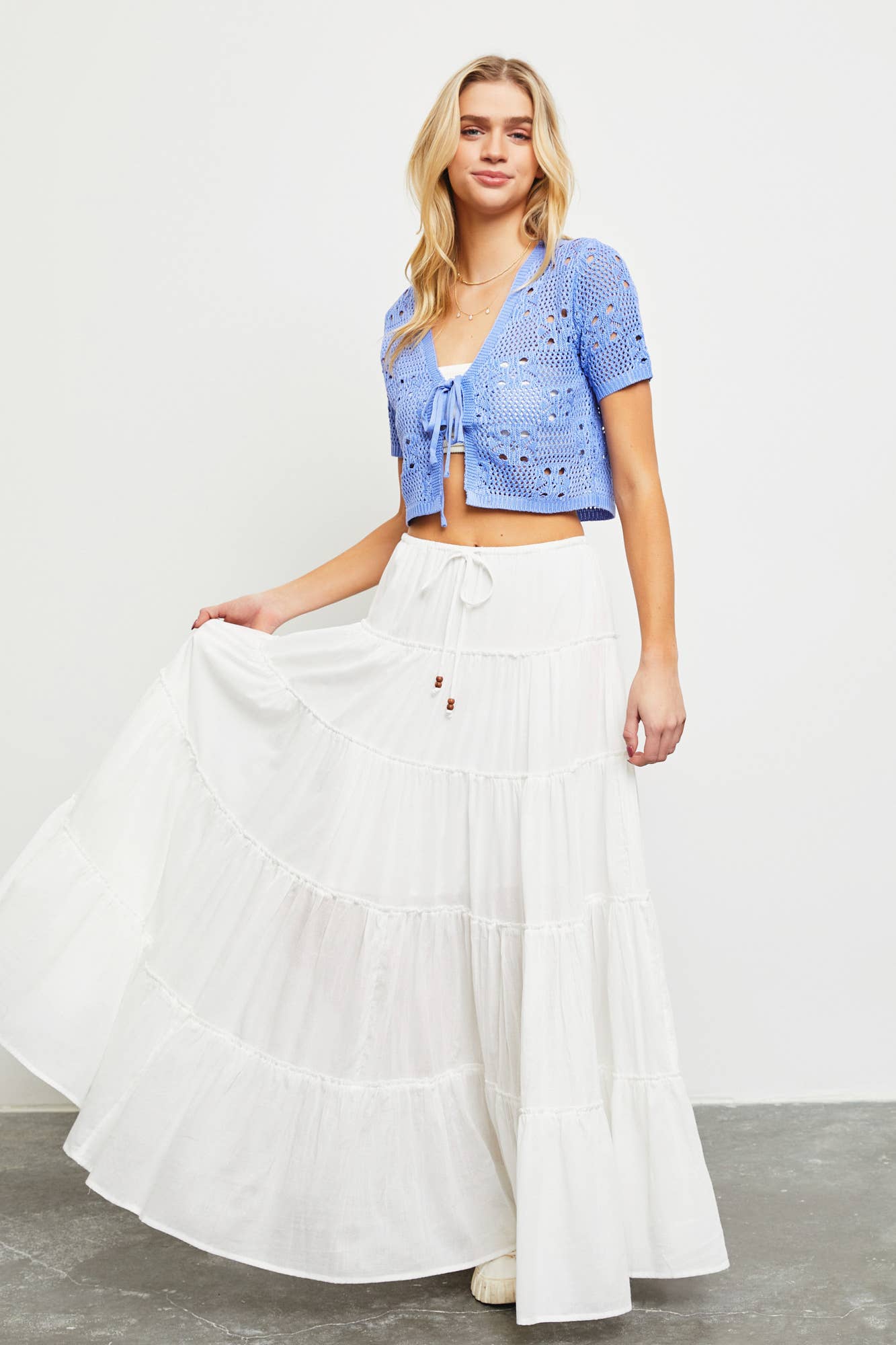 Drawstring Detail Tiered Maxi Skirt