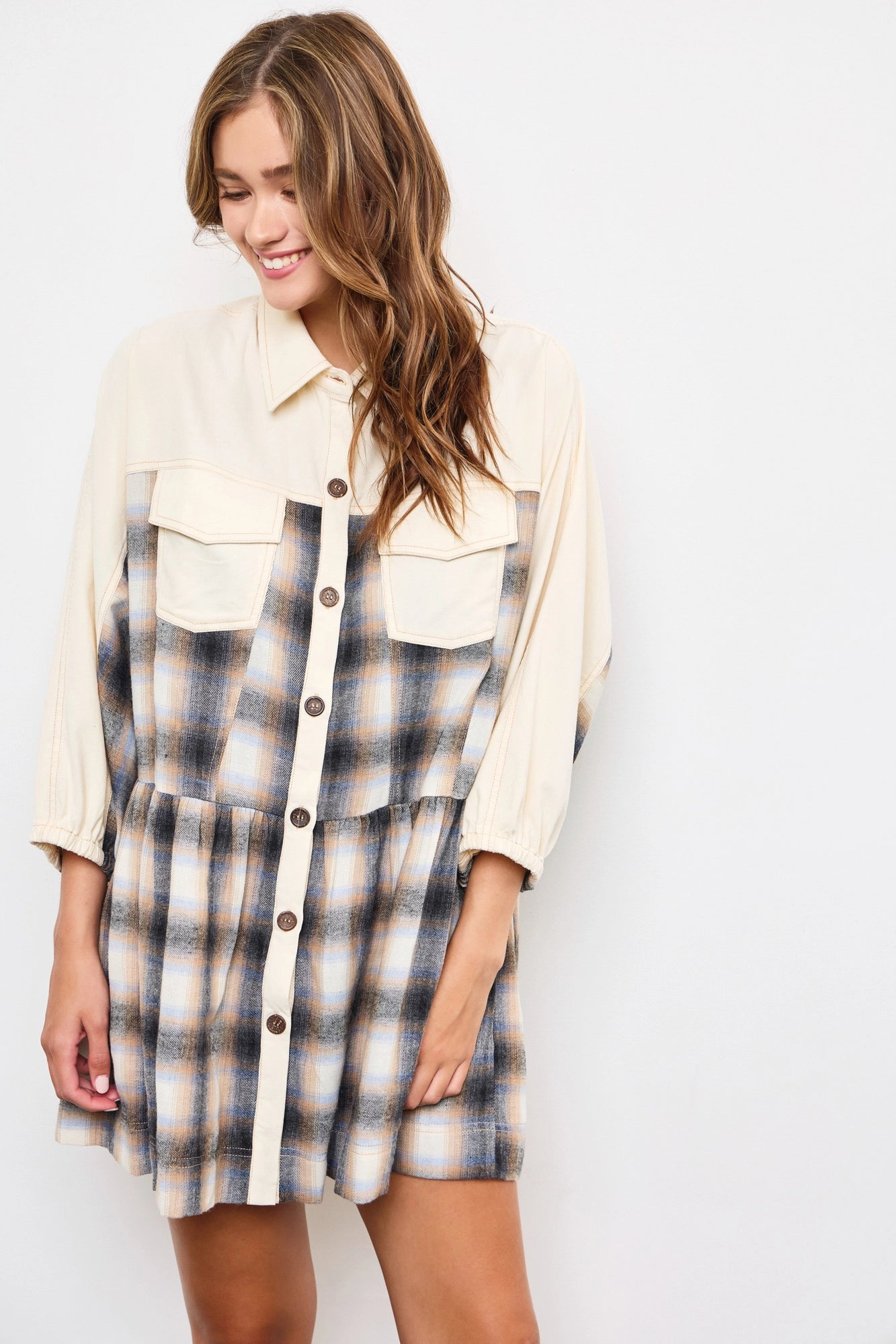 Button Detail Plaid Dress