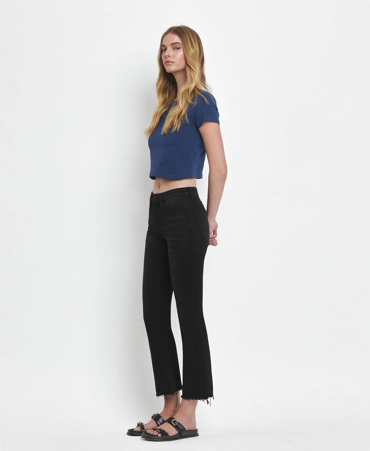 Mid Rise Raw Distressed Hem Crop Flare Jeans