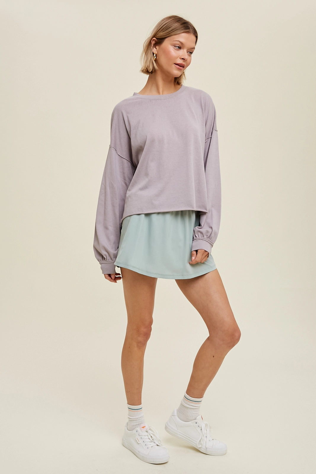 Slub Relaxed Crop Knit Top with Raw Edge Detail