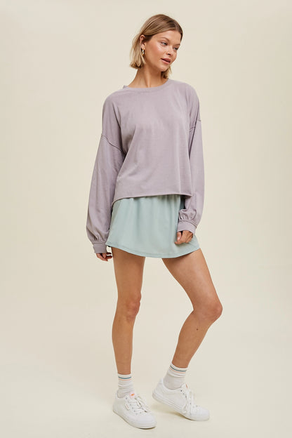 Slub Relaxed Crop Knit Top with Raw Edge Detail