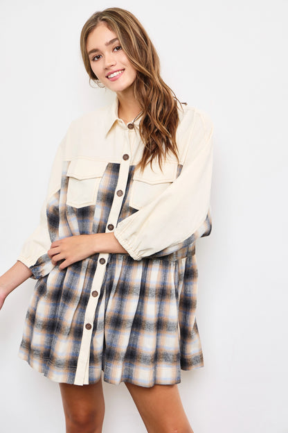 Button Detail Plaid Dress