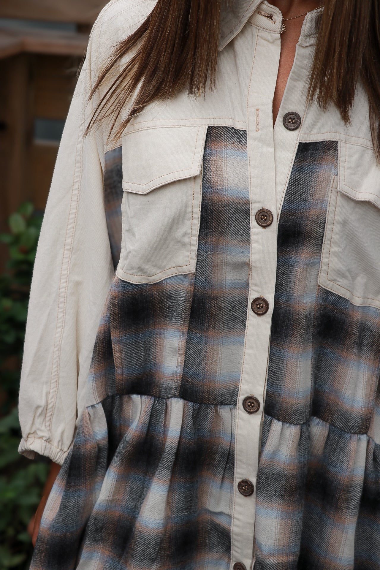 Button Detail Plaid Dress