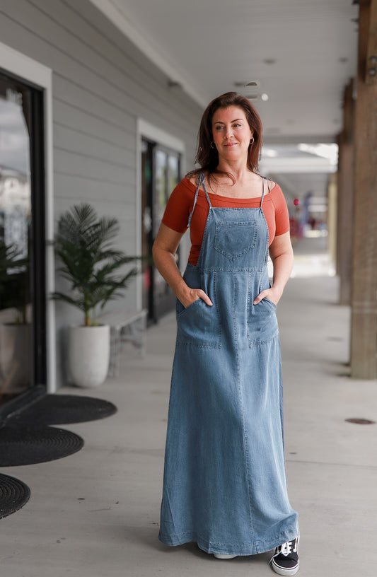 Tie Shoulder Soft Denim Maxi Dress