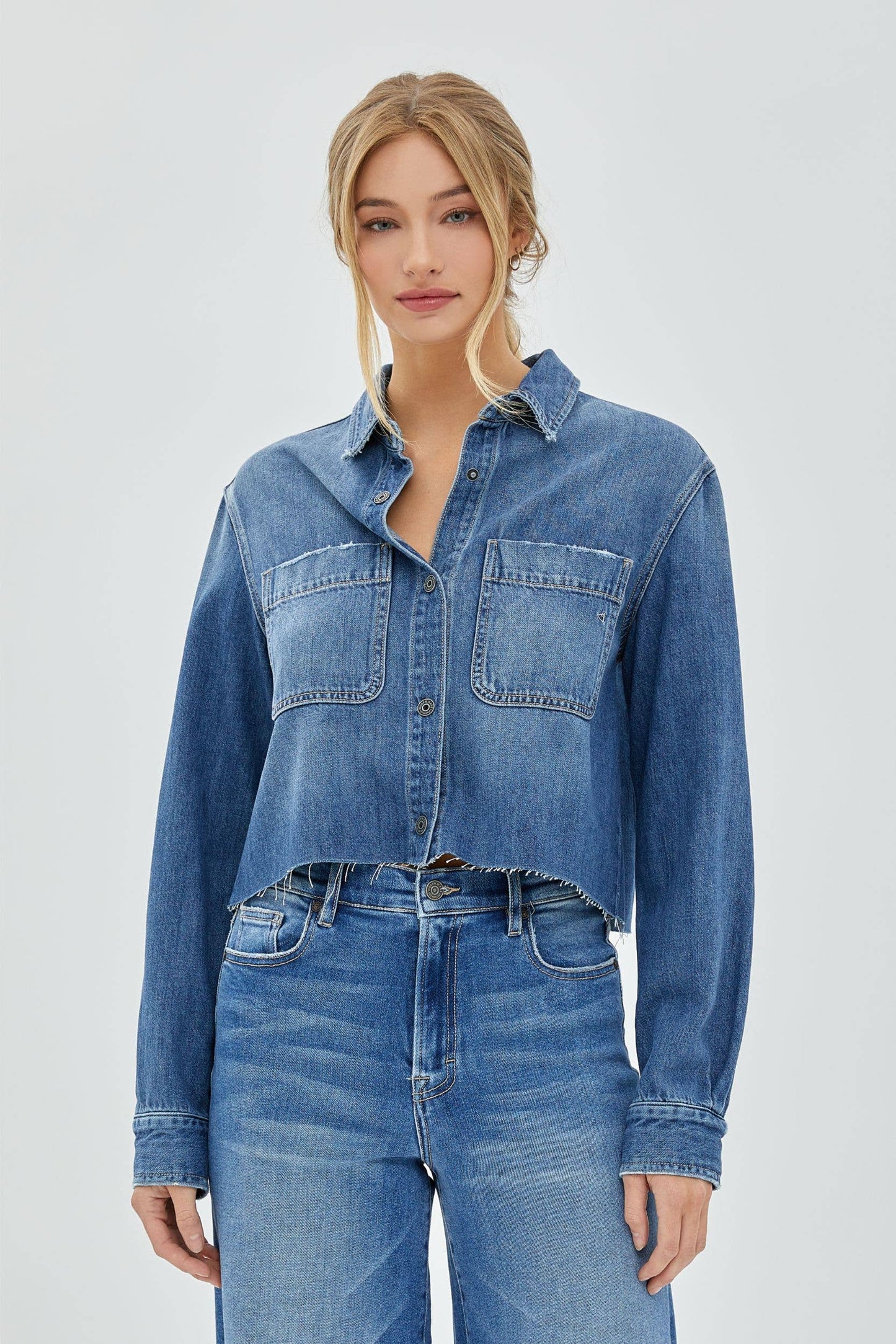 Medium Wash Cropped Denim Shirt