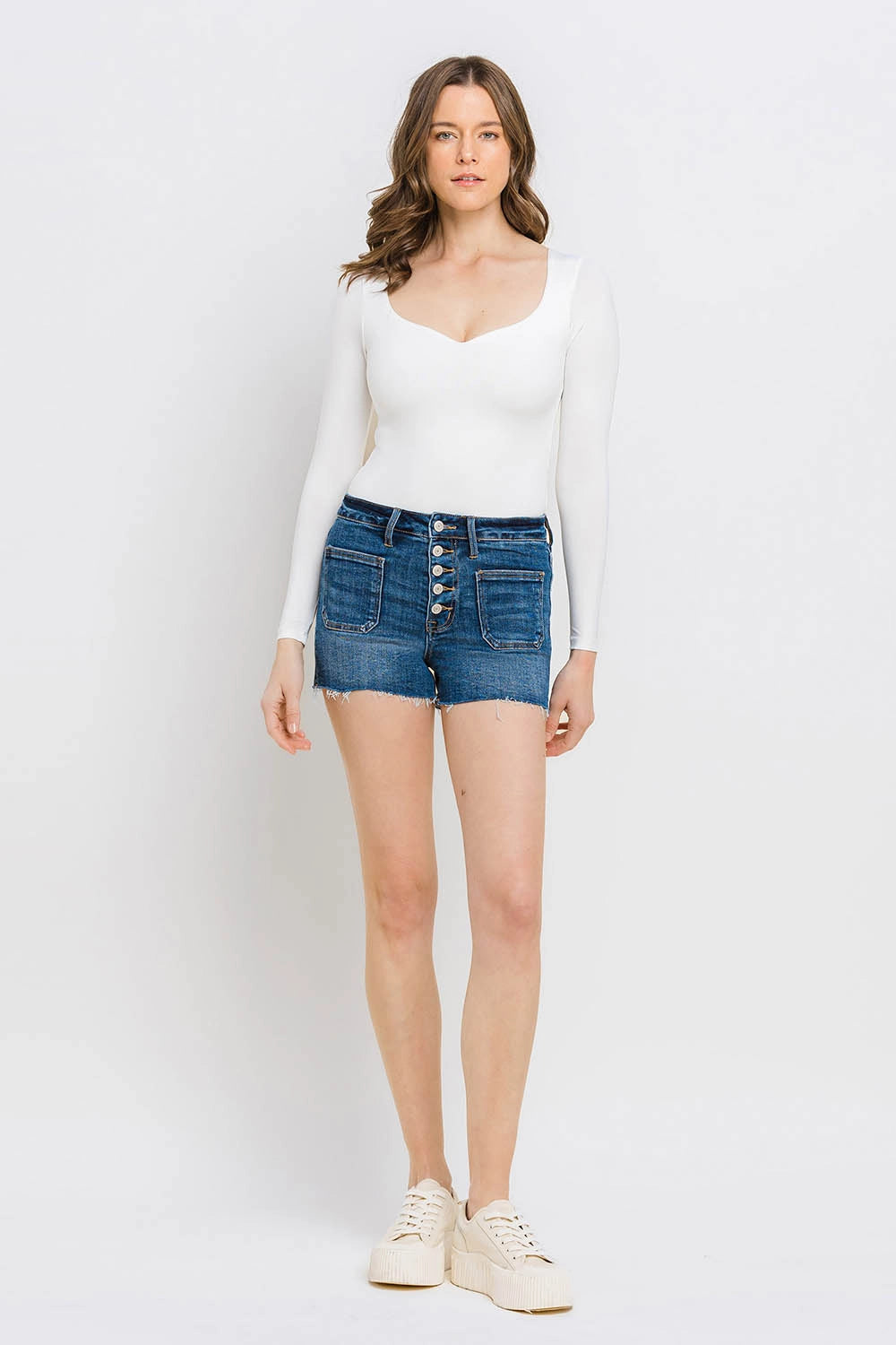 High Rise Button Fly Denim Shorts