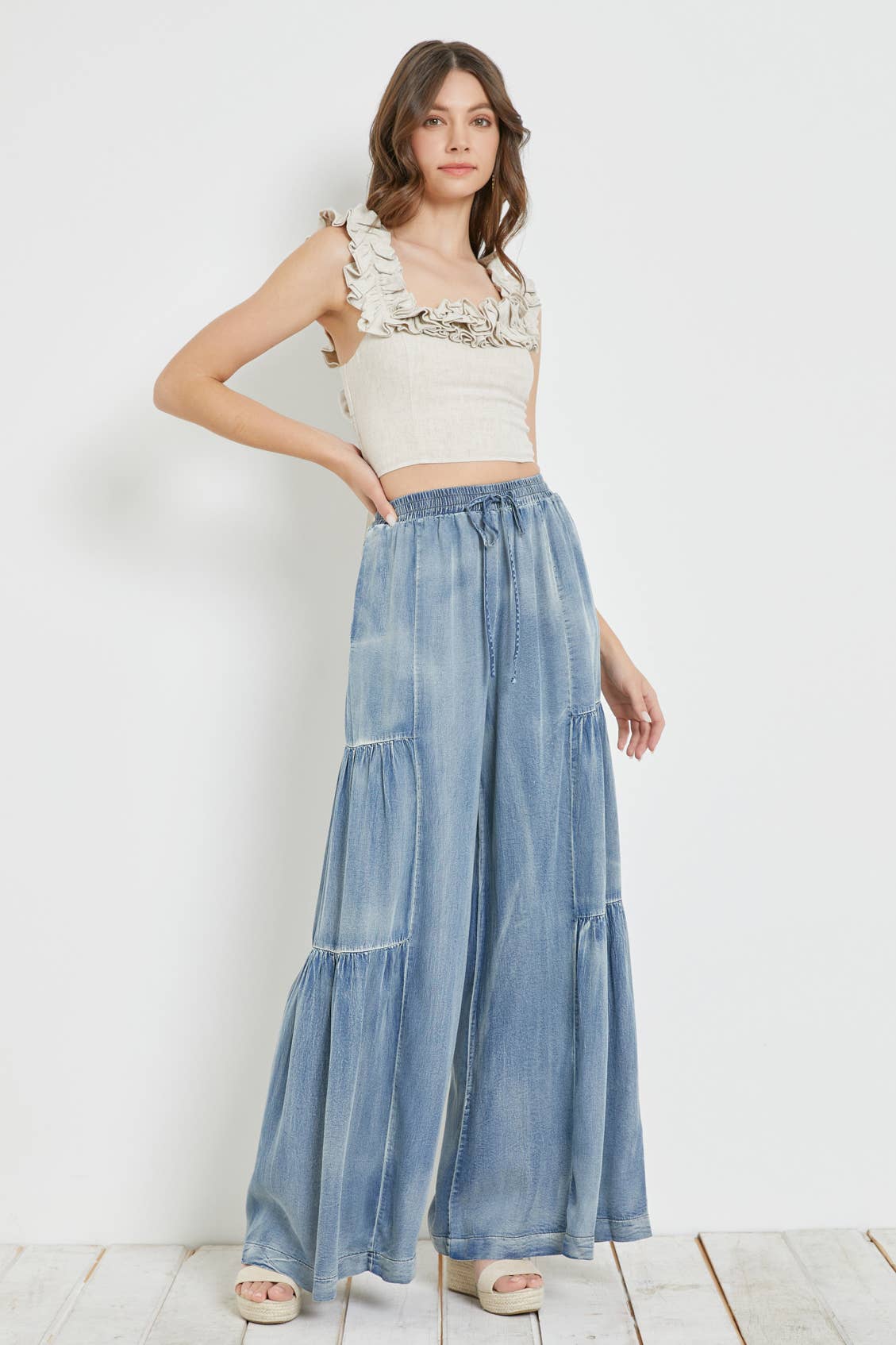 Ruffled Denim Wide Leg Pants