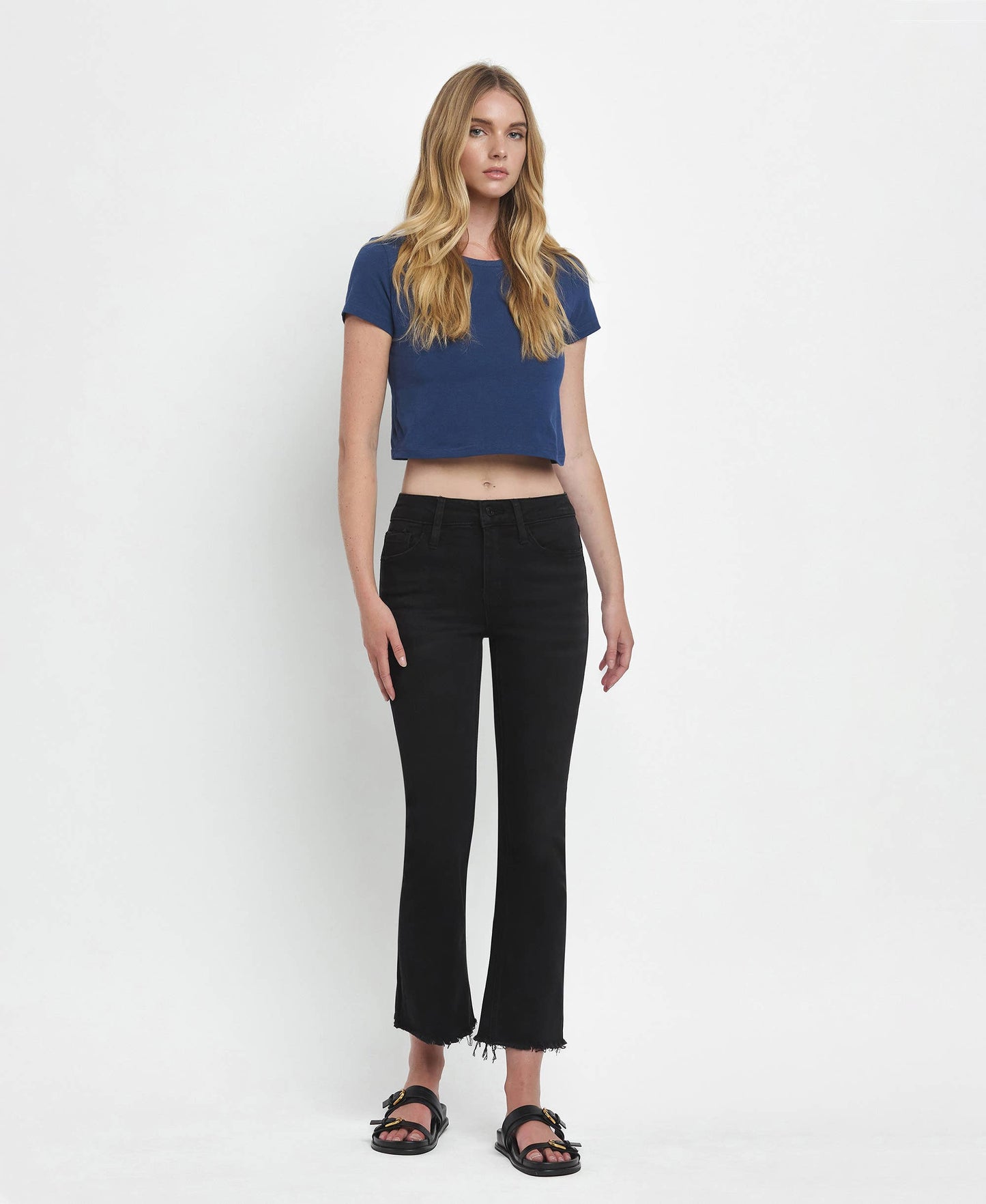 Mid Rise Raw Distressed Hem Crop Flare Jeans