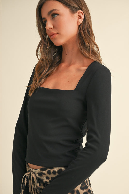 Ribbed Square Neck Long Sleeve Top