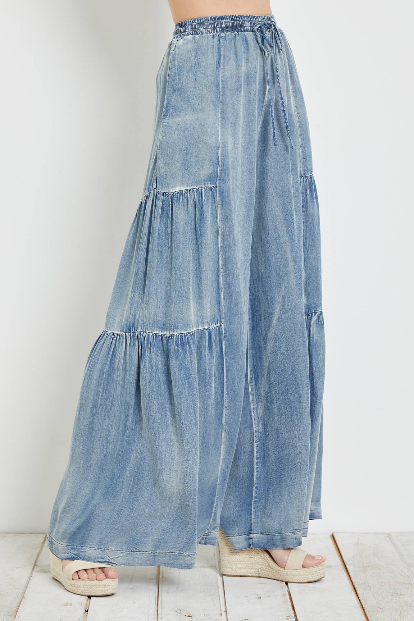 Ruffled Denim Wide Leg Pants