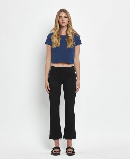 Mid Rise Raw Distressed Hem Crop Flare Jeans