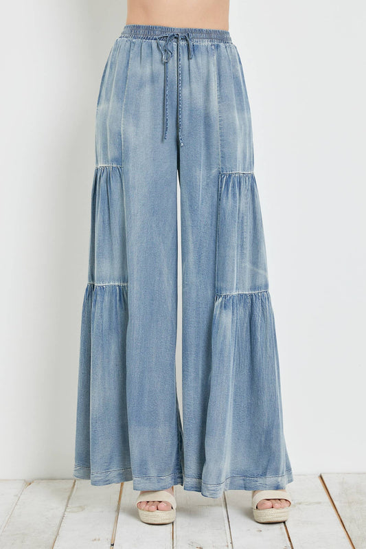 Ruffled Denim Wide Leg Pants