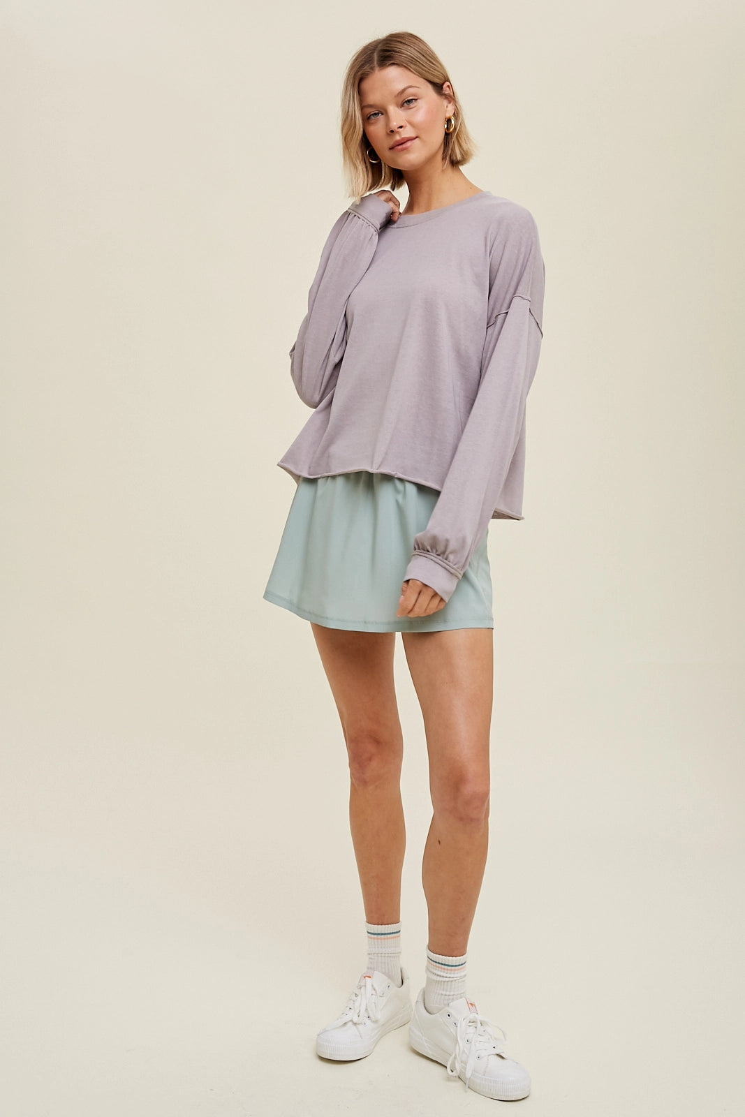 Slub Relaxed Crop Knit Top with Raw Edge Detail