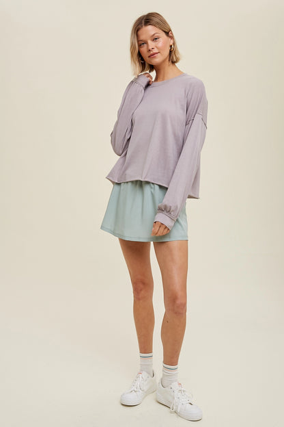 Slub Relaxed Crop Knit Top with Raw Edge Detail