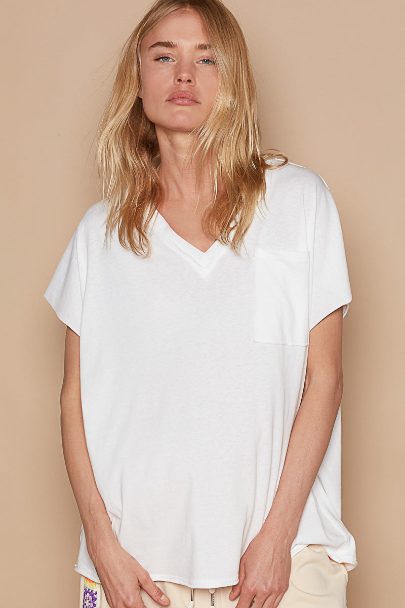 Oversized V-Neck Front Pocket Short Sleeve Solid Top