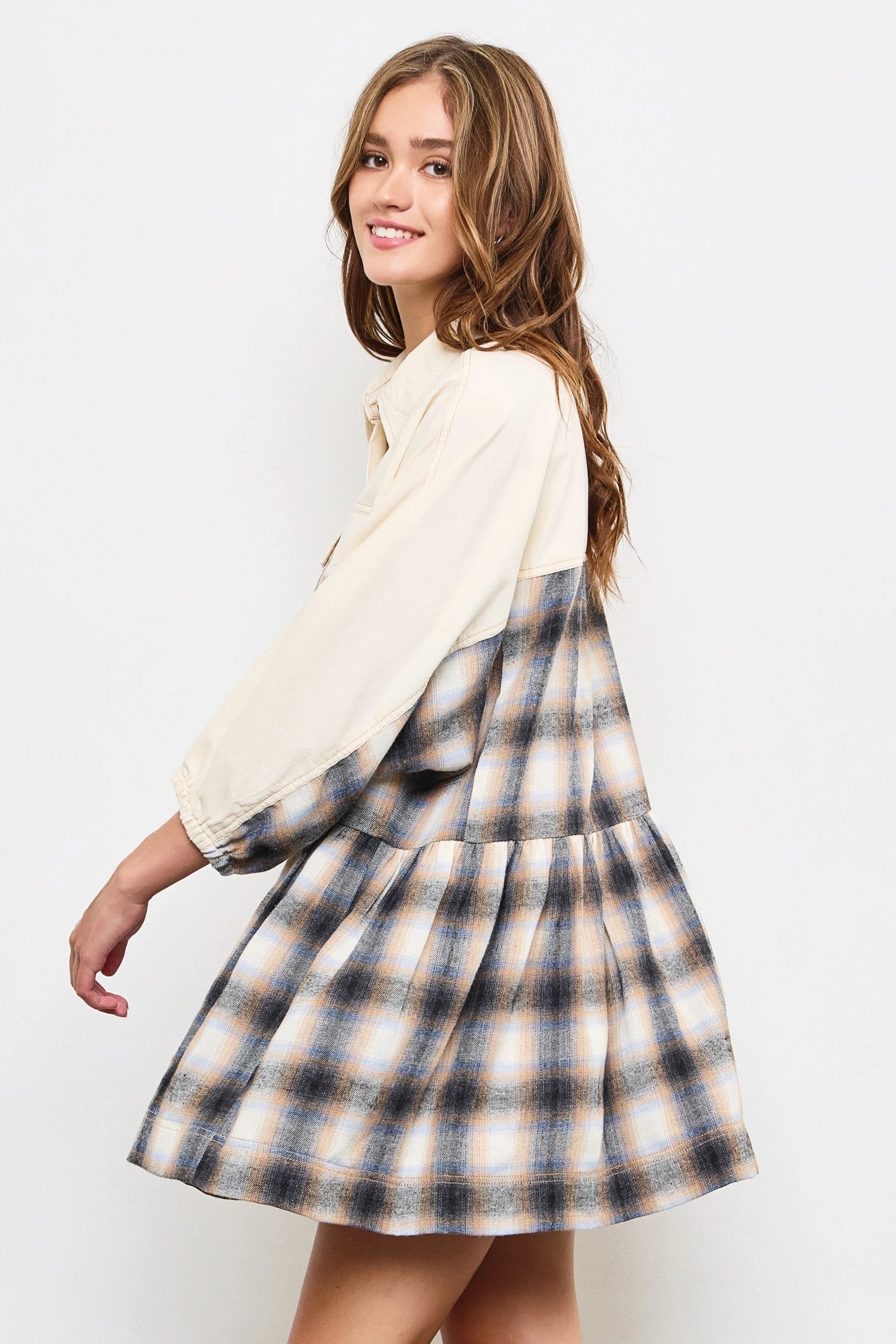 Button Detail Plaid Dress